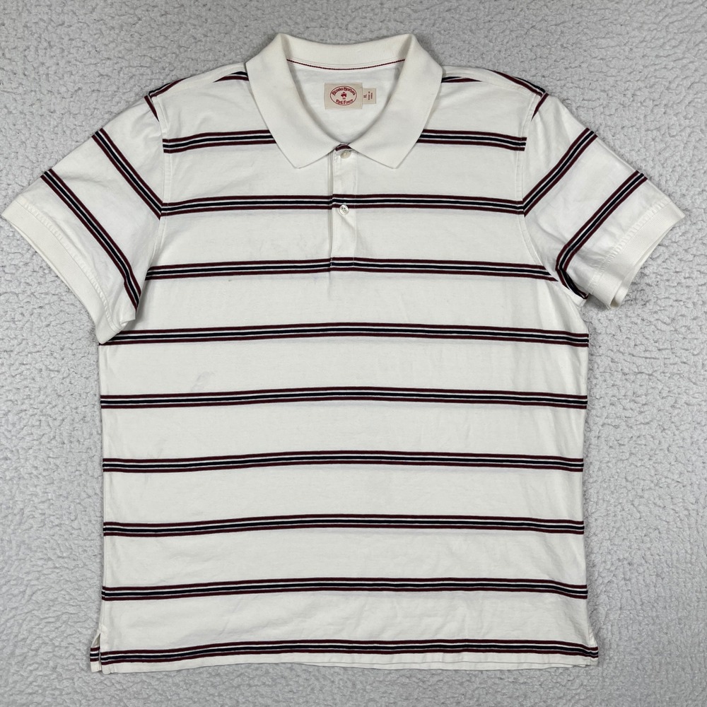 Brooks Brothers Polo Shirt Mens XL White Striped Red Fleece Short Sleeve Cotton‎